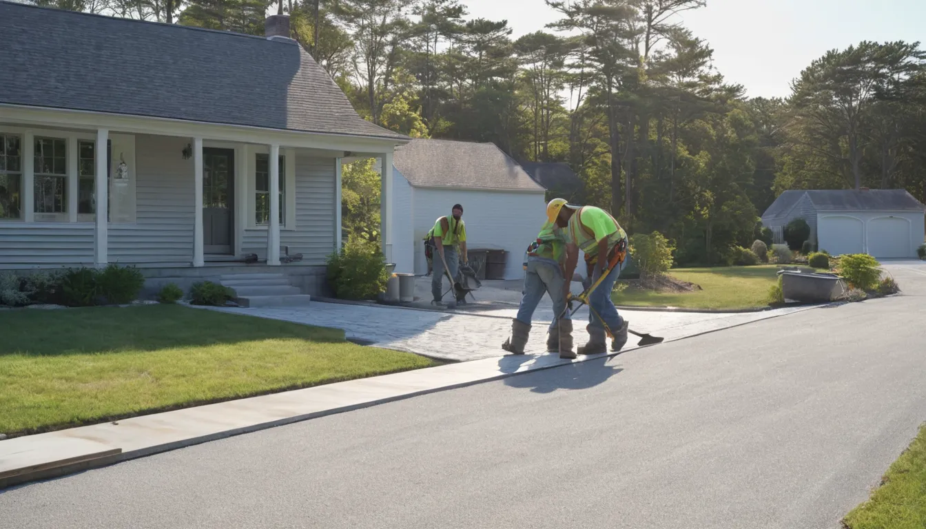 Fresh concrete driveway being finished beside a house in Tinton Falls