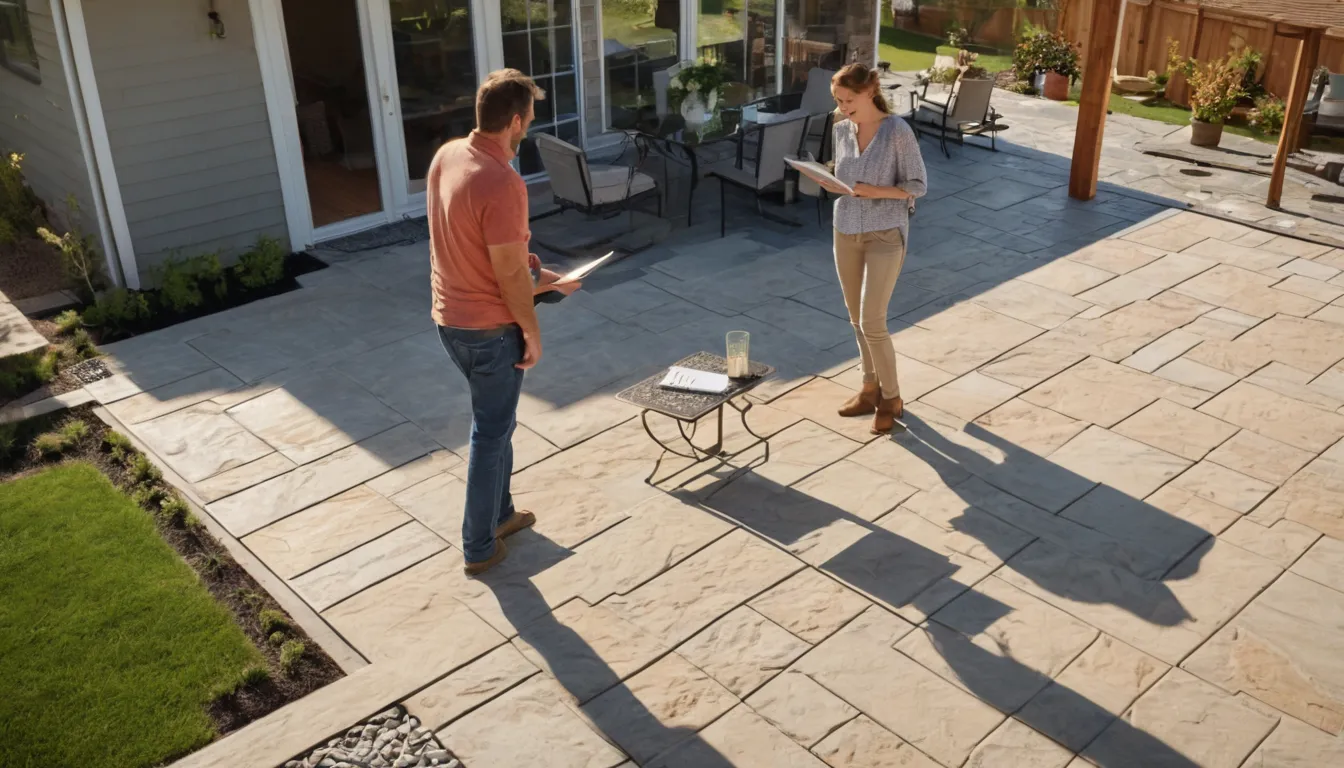 A homeowner reviewing a stamped concrete patio plan with a local provider in the Tinton Falls area