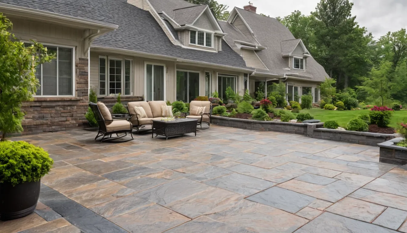A stamped concrete patio beside an older home in the Tinton Falls area