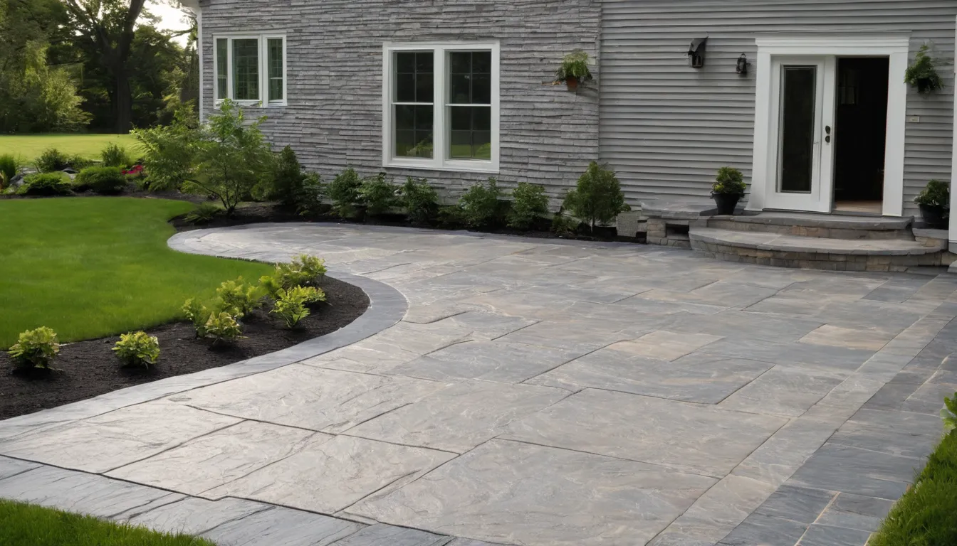 Stamped concrete patio with a stone pattern behind a home in Tinton Falls